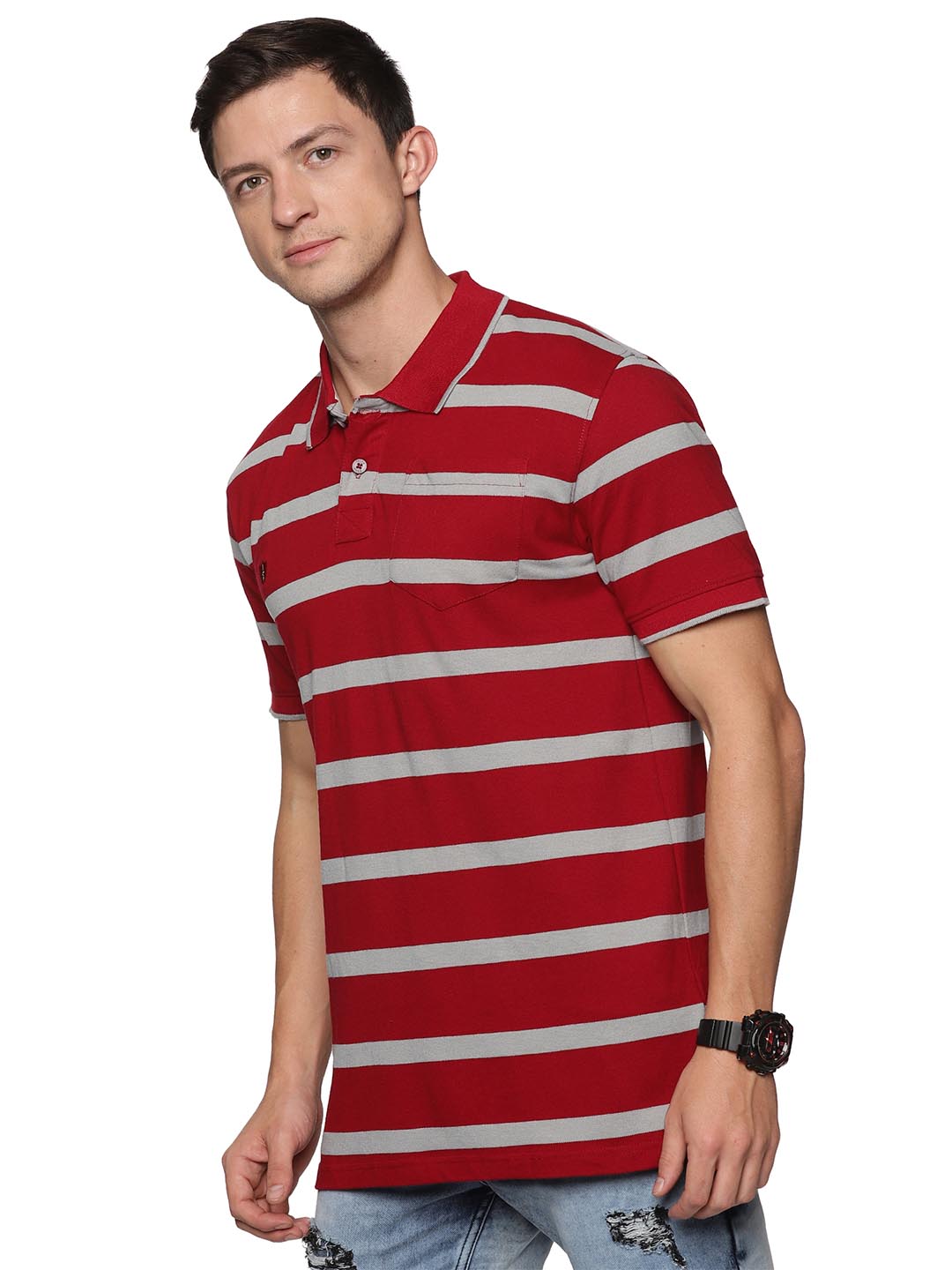 royal striped-3 collar polo t-shirt for men #color_dark-red