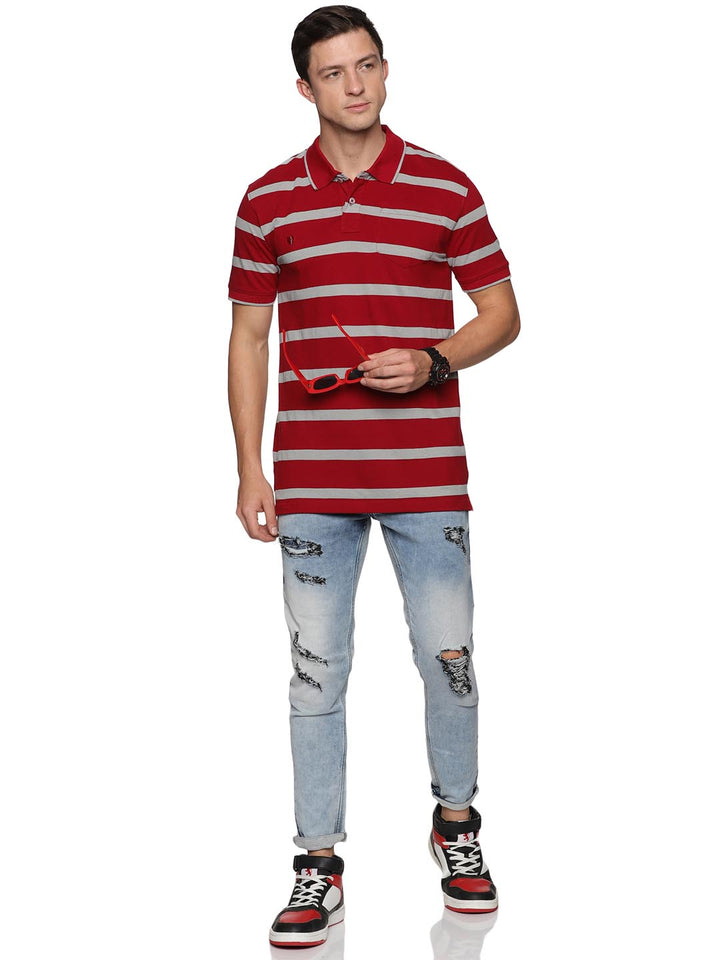 royal striped-3 collar polo t-shirt for men #color_dark-red