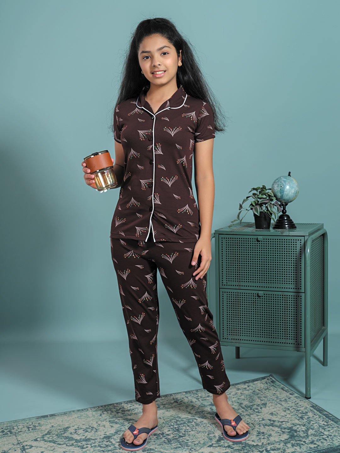 Rysa collar full pant nightwear set for girls bistre
