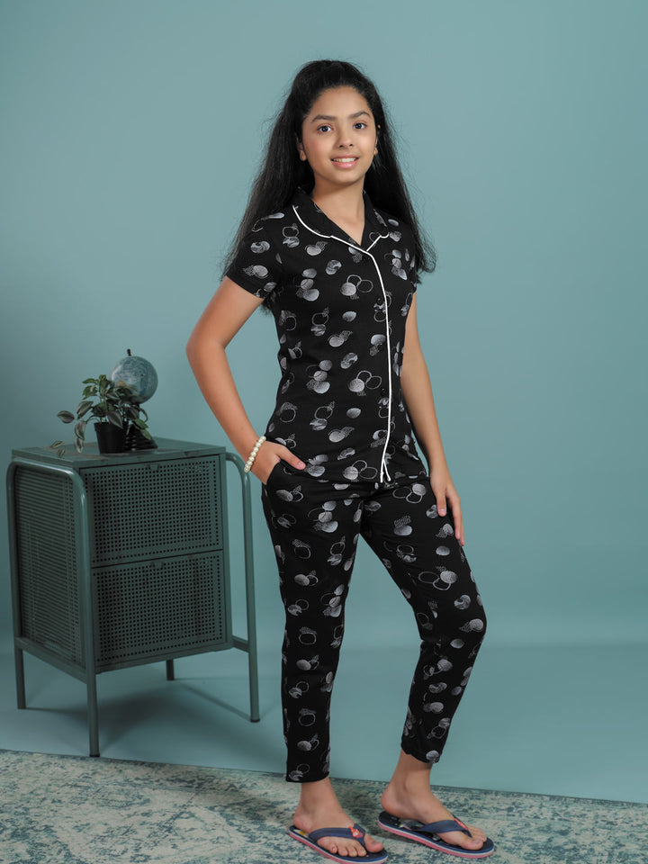 Rysa collar full pant nightwear set for girls black