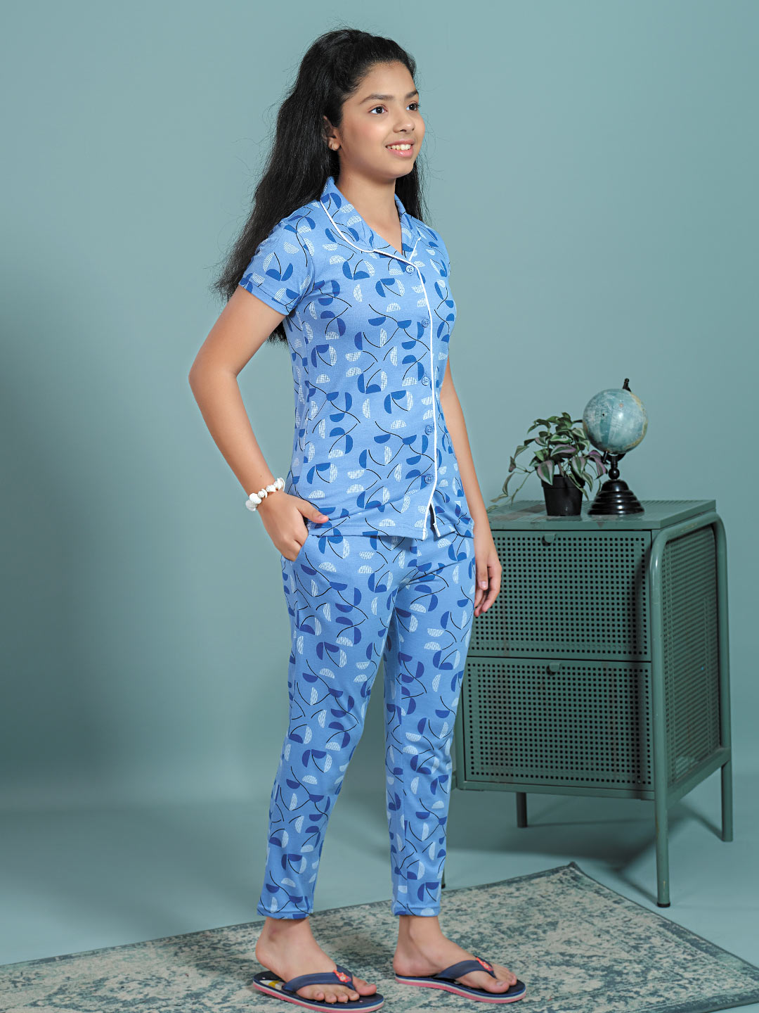 Rysa collar full pant nightwear set for girls silk blue