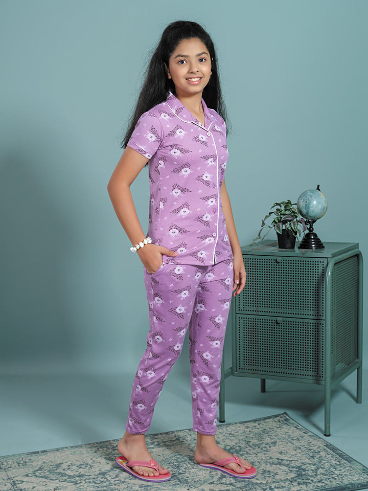 Rysa collar full pant nightwear set for girls pastel violet