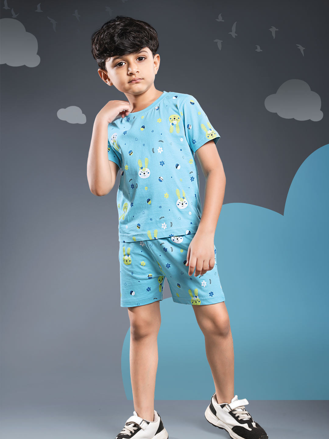 Printed boys shorts set round neck half sleeve t-shirt color blizzard blue