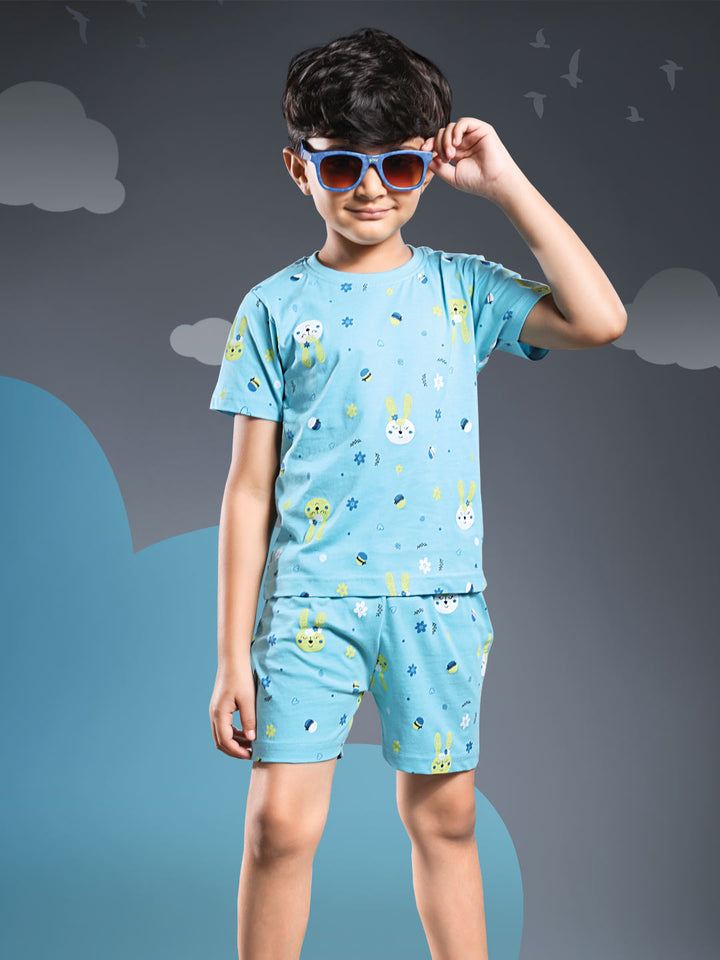 Printed boys shorts set round neck half sleeve t-shirt color blizzard blue