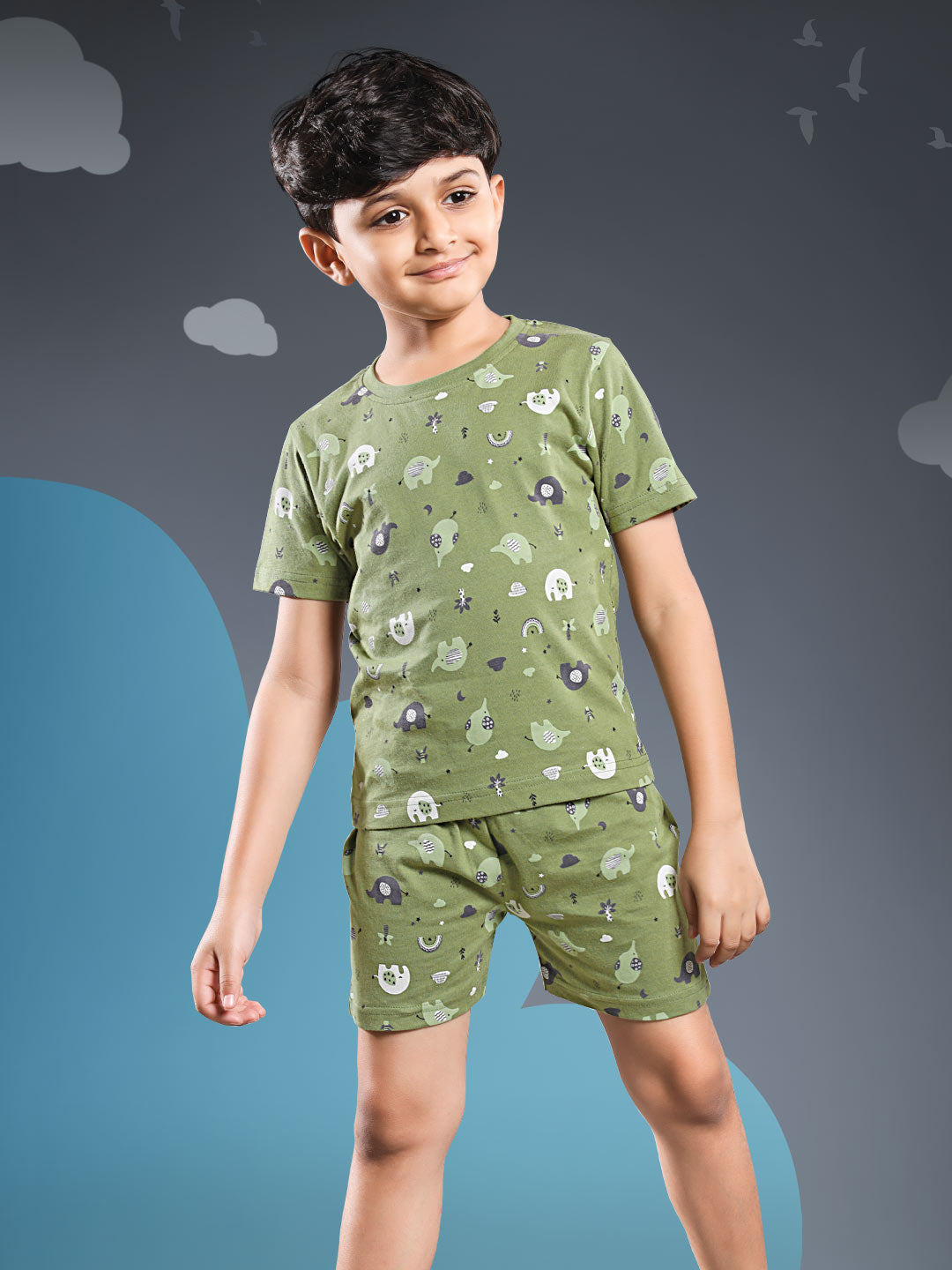 Printed boys shorts set round neck half sleeve t-shirt color cactus