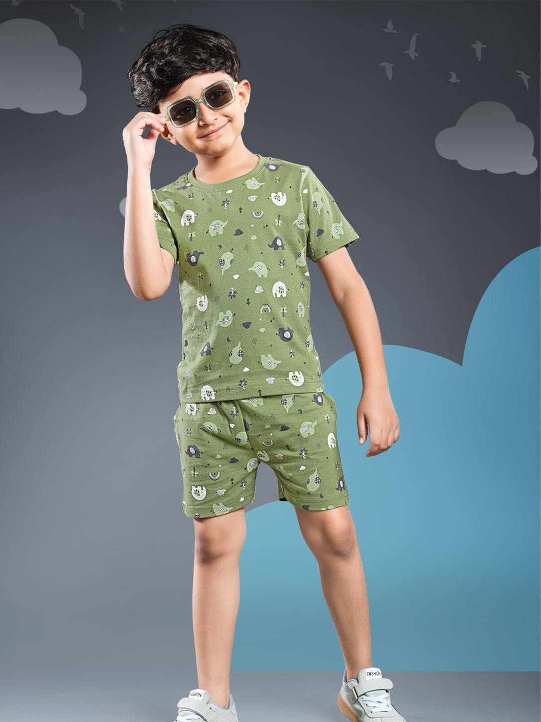 Printed boys shorts set round neck half sleeve t-shirt color cactus