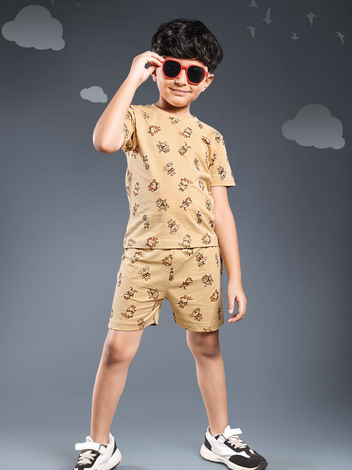 Printed boys shorts set round neck half sleeve t-shirt color coffee