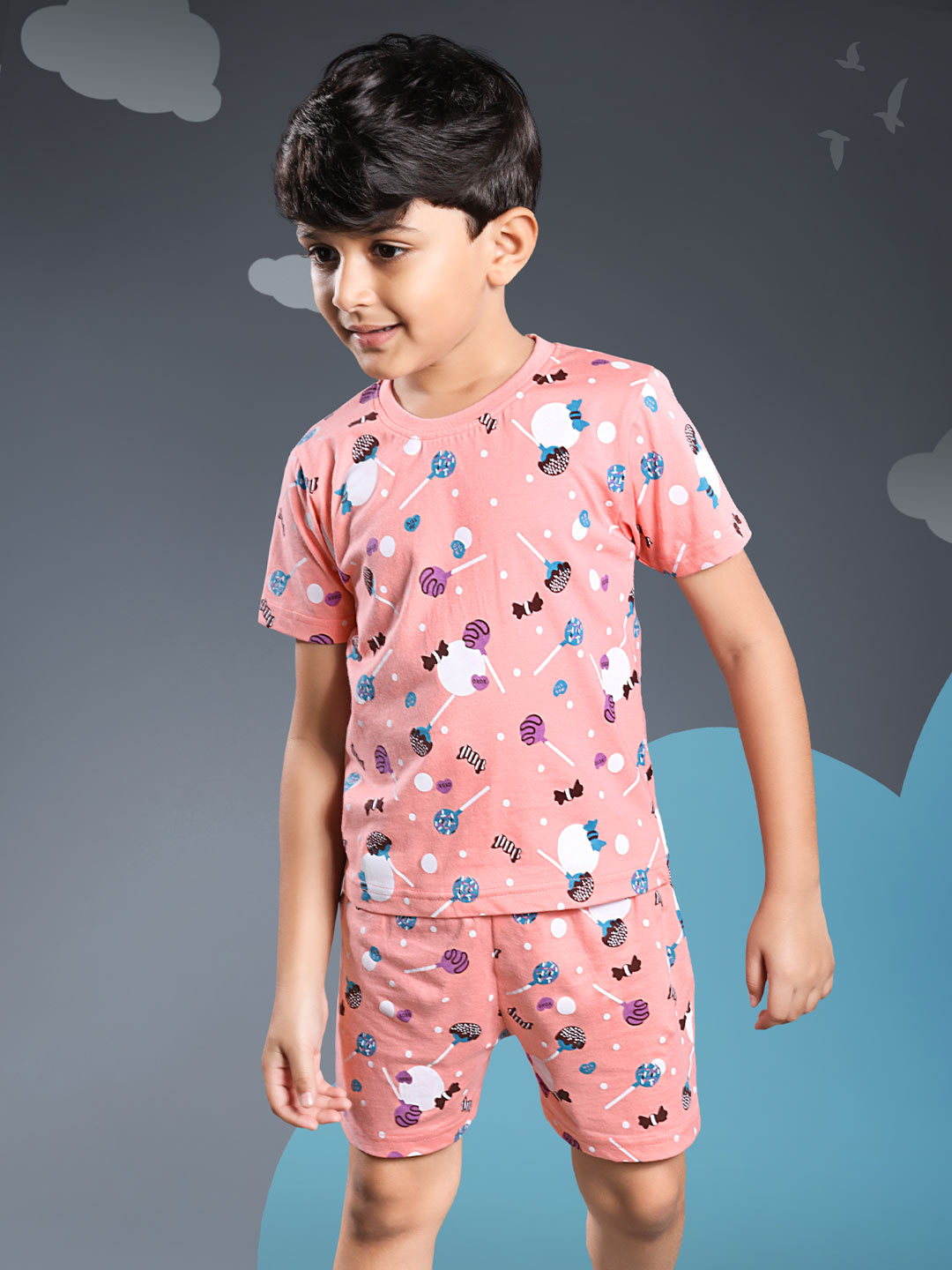Printed boys shorts set round neck half sleeve t-shirt color melon