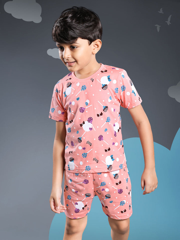 Printed boys shorts set round neck half sleeve t-shirt color melon