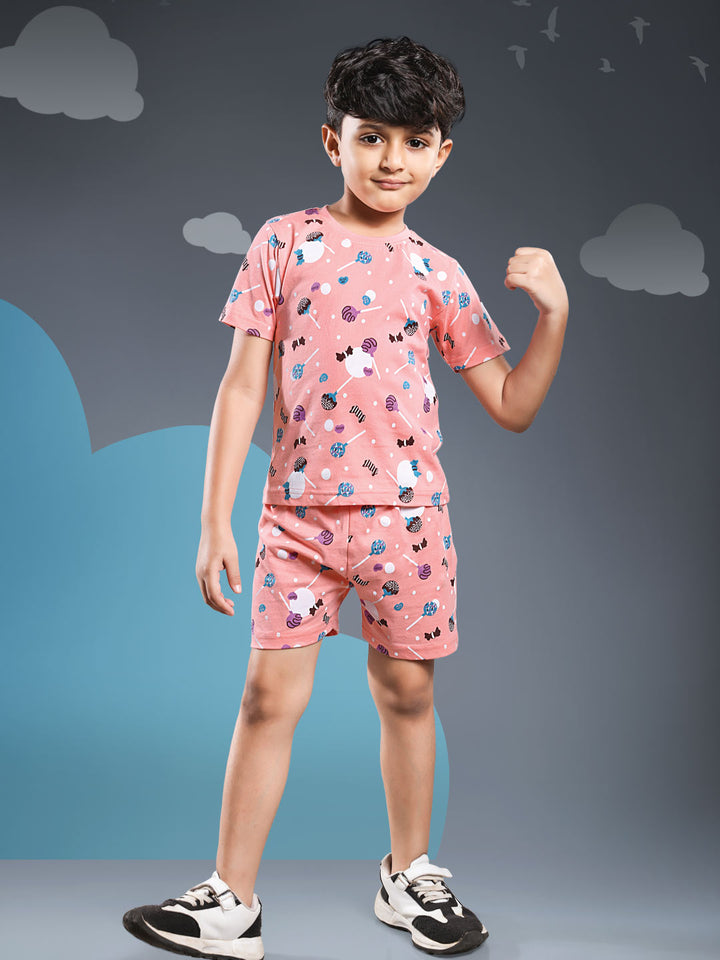 Printed boys shorts set round neck half sleeve t-shirt color melon