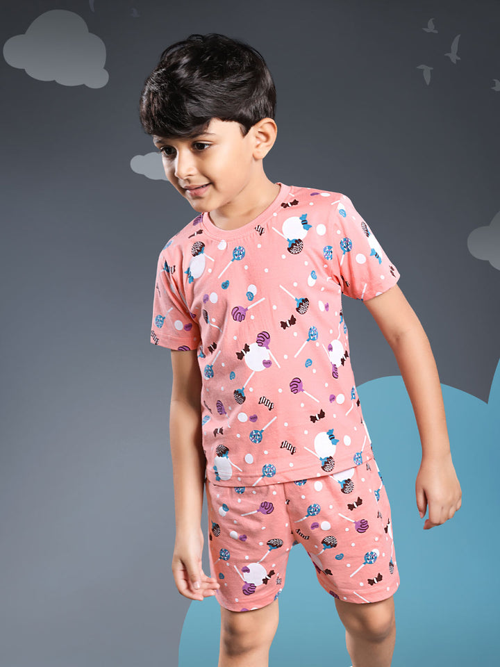 Printed boys shorts set round neck half sleeve t-shirt color melon