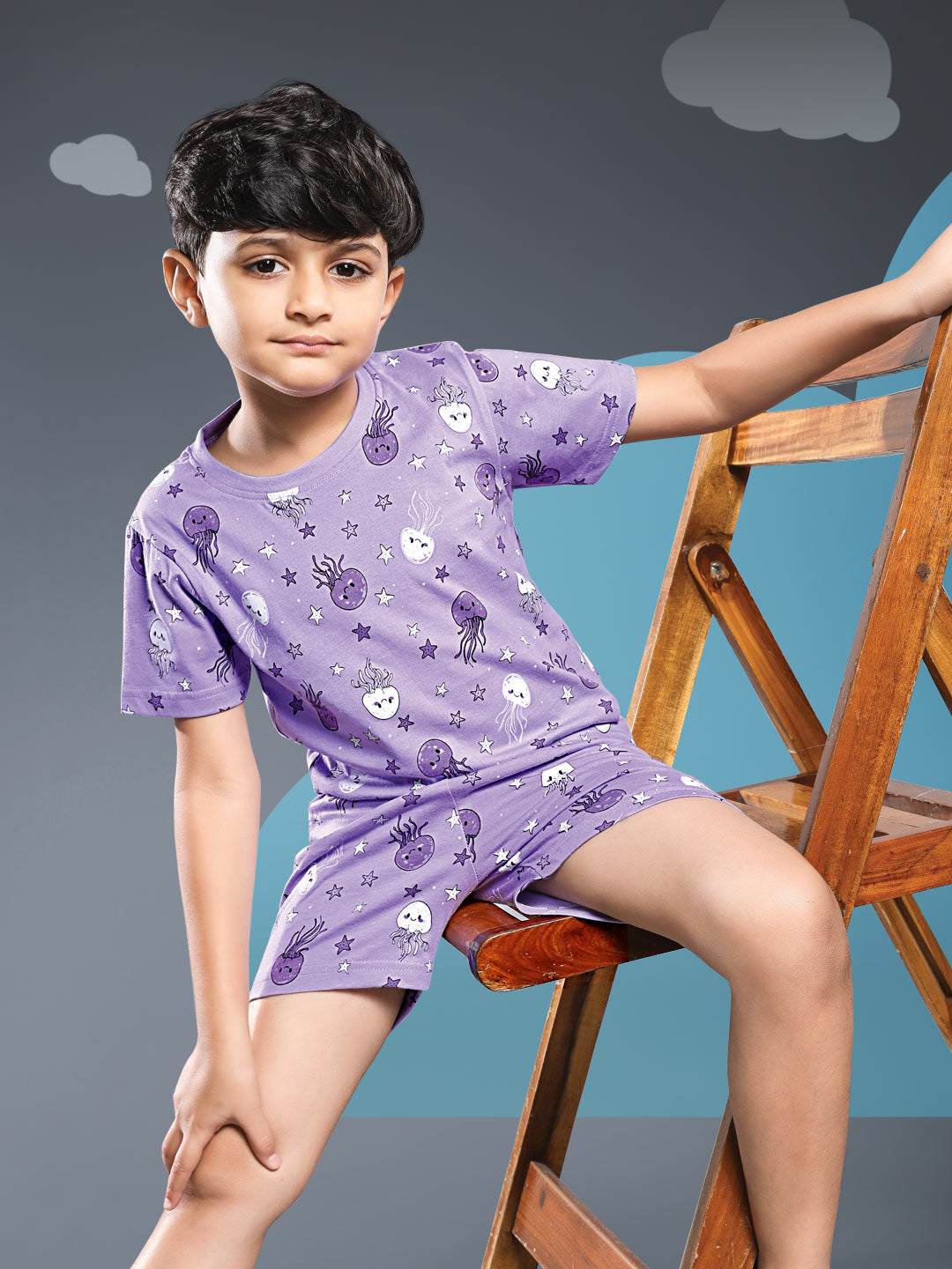 Printed boys shorts set round neck half sleeve t-shirt color light pastel purple