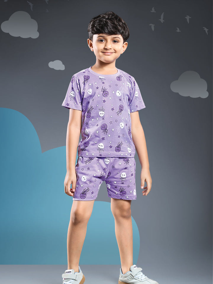 Printed boys shorts set round neck half sleeve t-shirt color light pastel purple