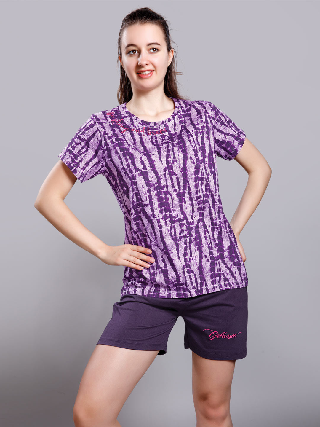 Syra printed short set for women color dark lilac
