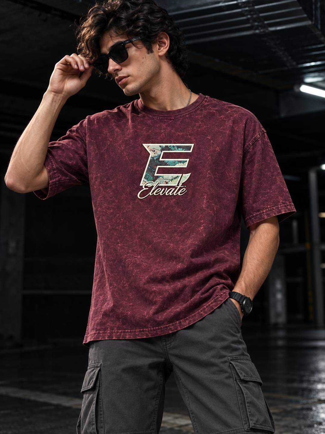 Down shoulder embroidered acid washed t-shirt for men color wine berry