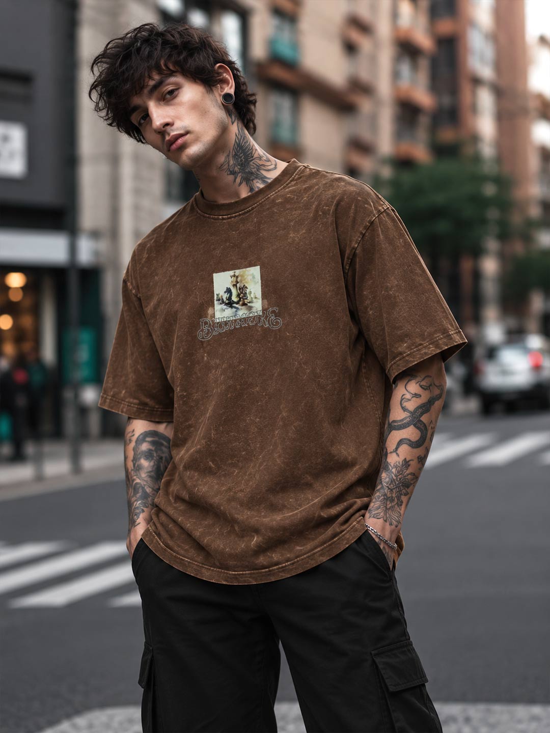 Down shoulder embroidered acid washed t-shirt for men color irish coffee
