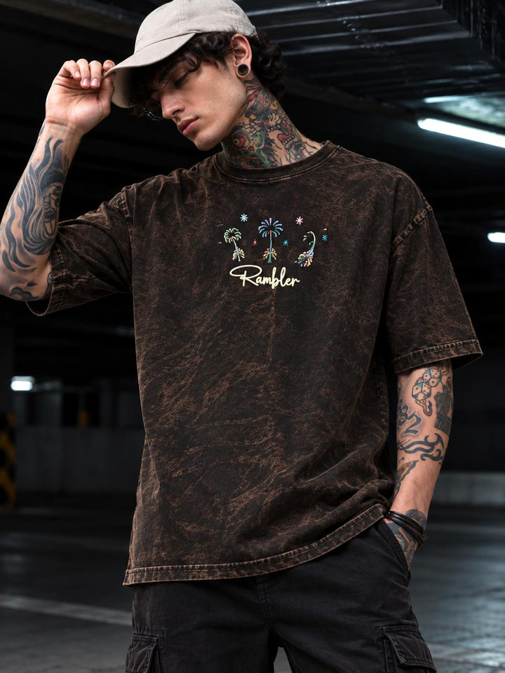 Down shoulder embroidered acid washed t-shirt for men color black