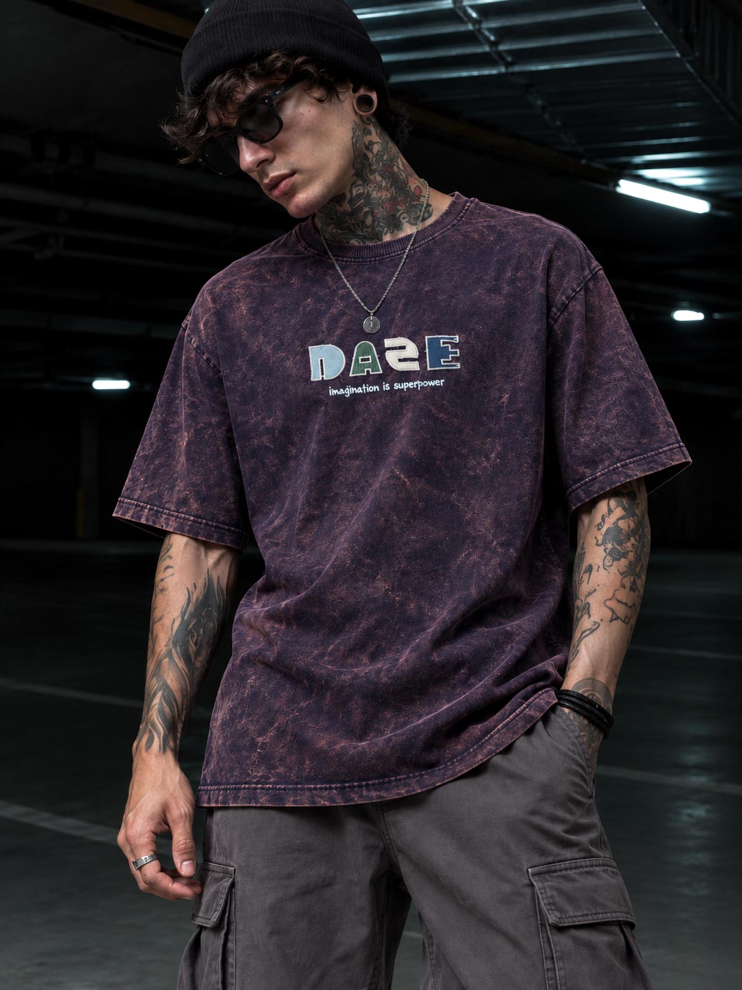 Down shoulder embroidered acid washed t-shirt for men color mirage