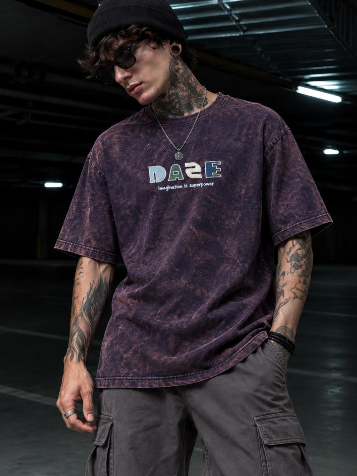 Down shoulder embroidered acid washed t-shirt for men color mirage