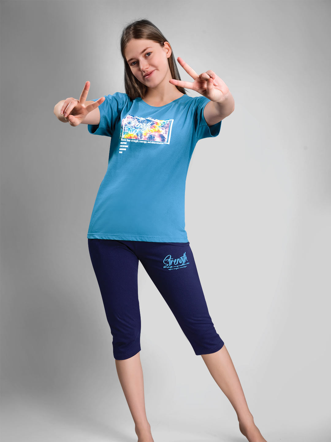 Veena capri set for women color ball blue