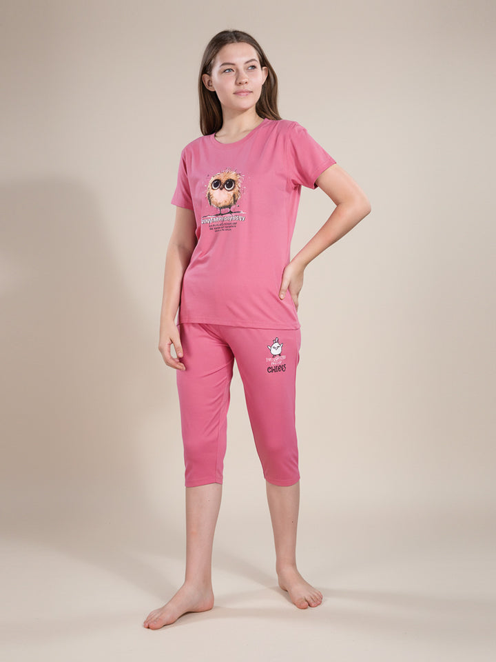 fg women printed 3/4th pant set round neck half sleeve casual wear color rosy pink