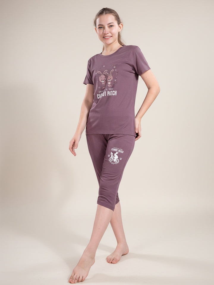 fg women printed 3/4th pant set round neck half sleeve casual wear color raspberry glace