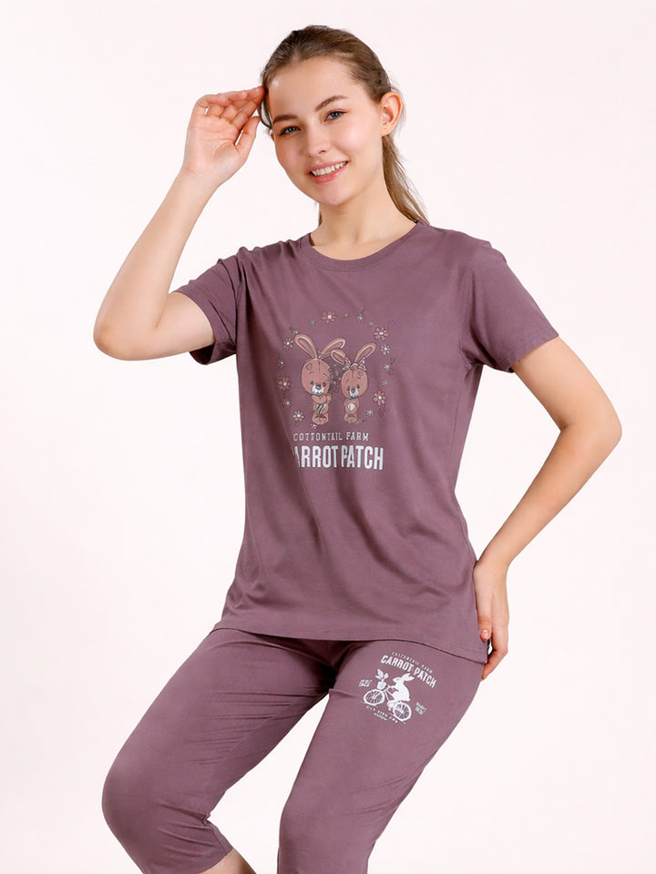 fg women printed 3/4th pant set round neck half sleeve casual wear color raspberry glace