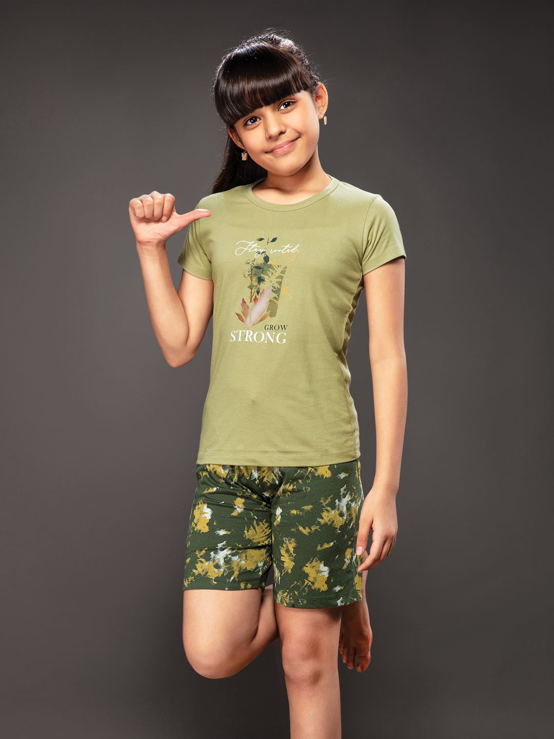 ananya girls shorts set with printed half sleeve round neck t-shirt color winter hazel
