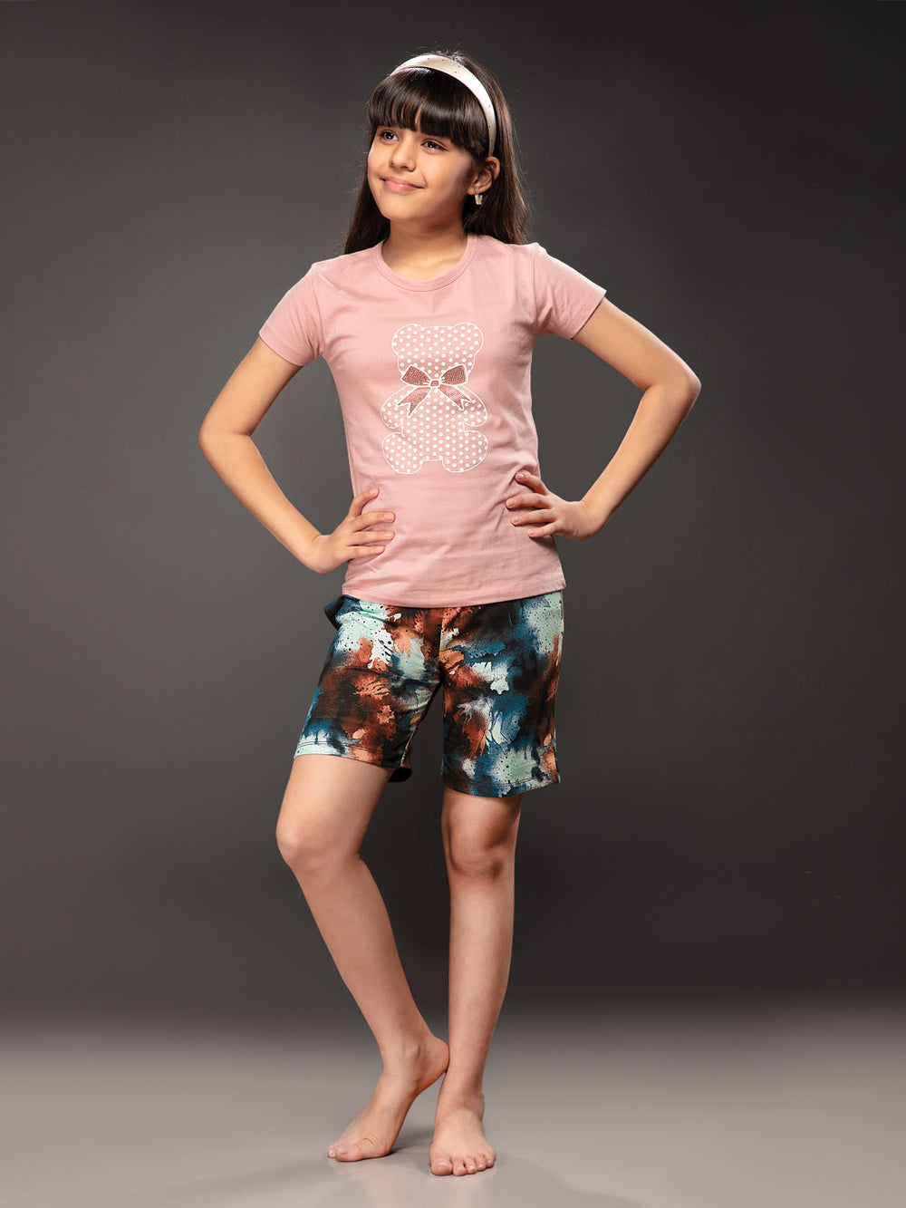 ananya girls shorts set with printed half sleeve round neck t-shirt color melon