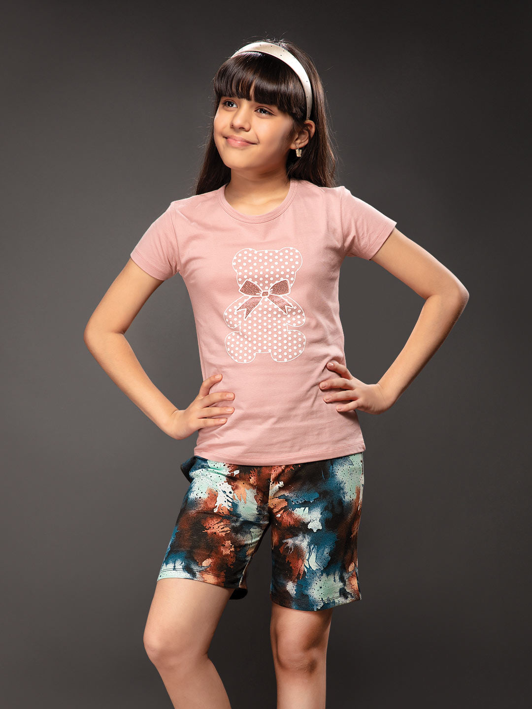 ananya girls shorts set with printed half sleeve round neck t-shirt color melon