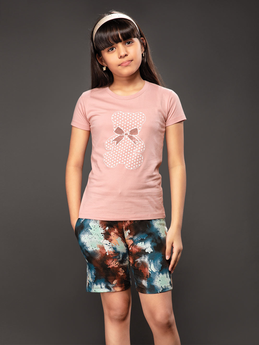 ananya girls shorts set with printed half sleeve round neck t-shirt color melon