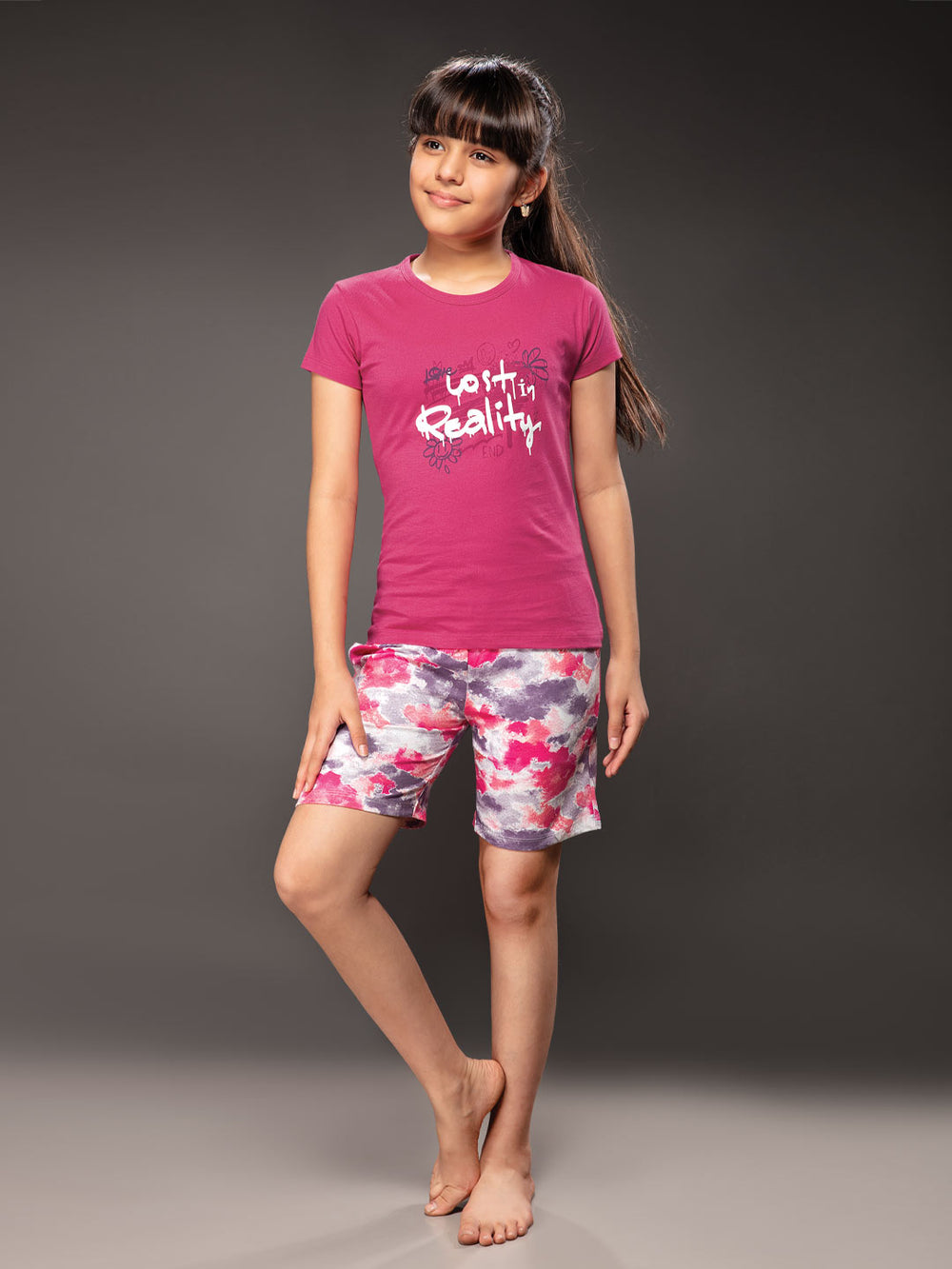 ananya girls shorts set with printed half sleeve round neck t-shirt color dogwood rose