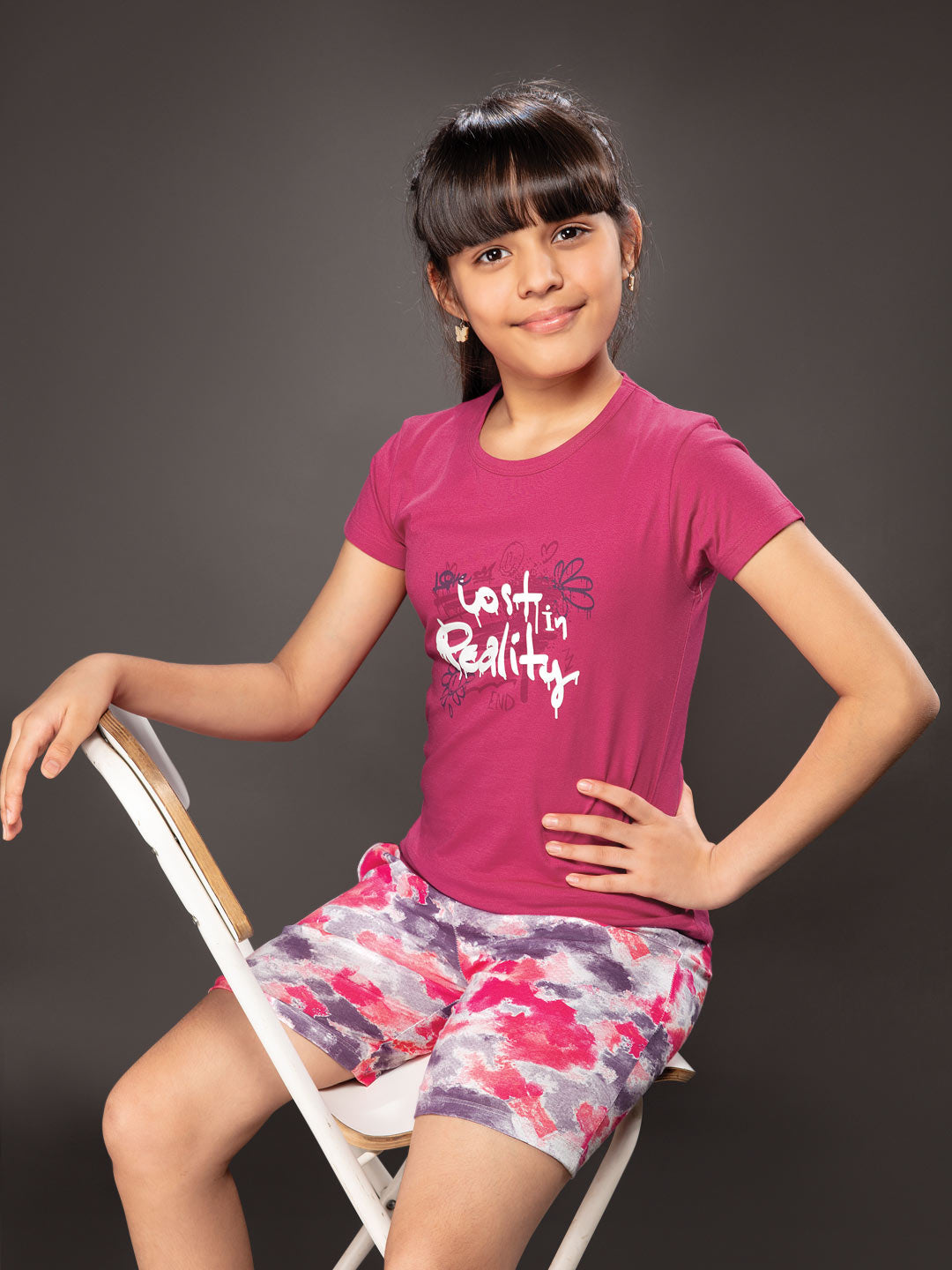 ananya girls shorts set with printed half sleeve round neck t-shirt color dogwood rose