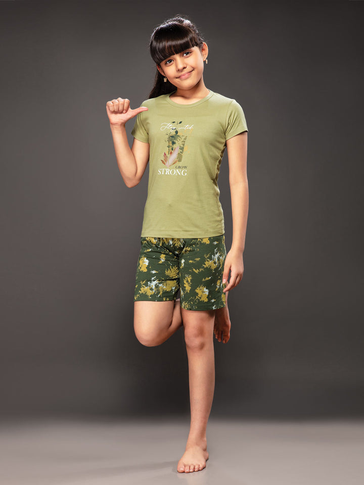 ananya girls shorts set with printed half sleeve round neck t-shirt color winter hazel