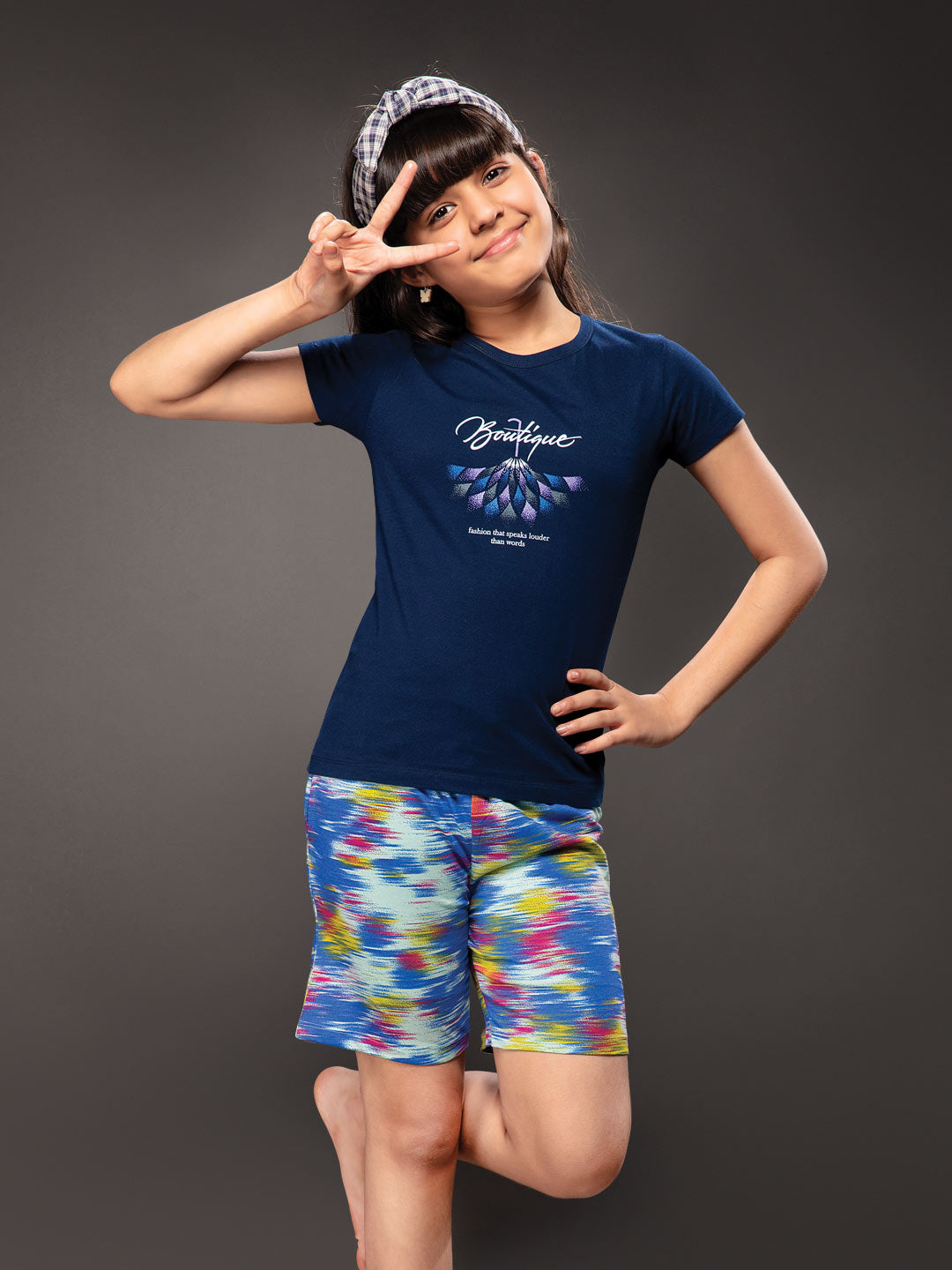 ananya girls shorts set with printed half sleeve round neck t-shirt color mirage