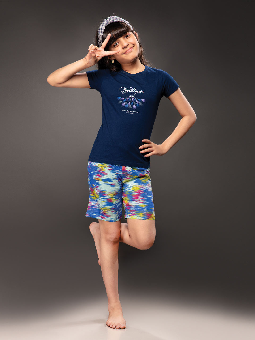 ananya girls shorts set with printed half sleeve round neck t-shirt color mirage