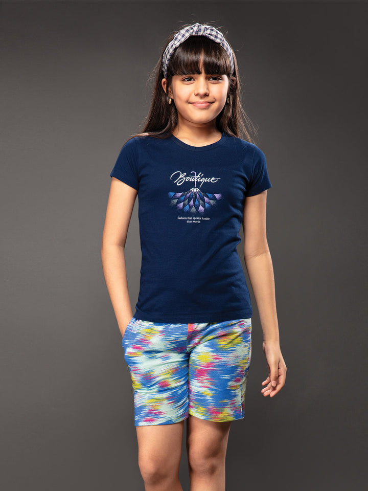 ananya girls shorts set with printed half sleeve round neck t-shirt color mirage