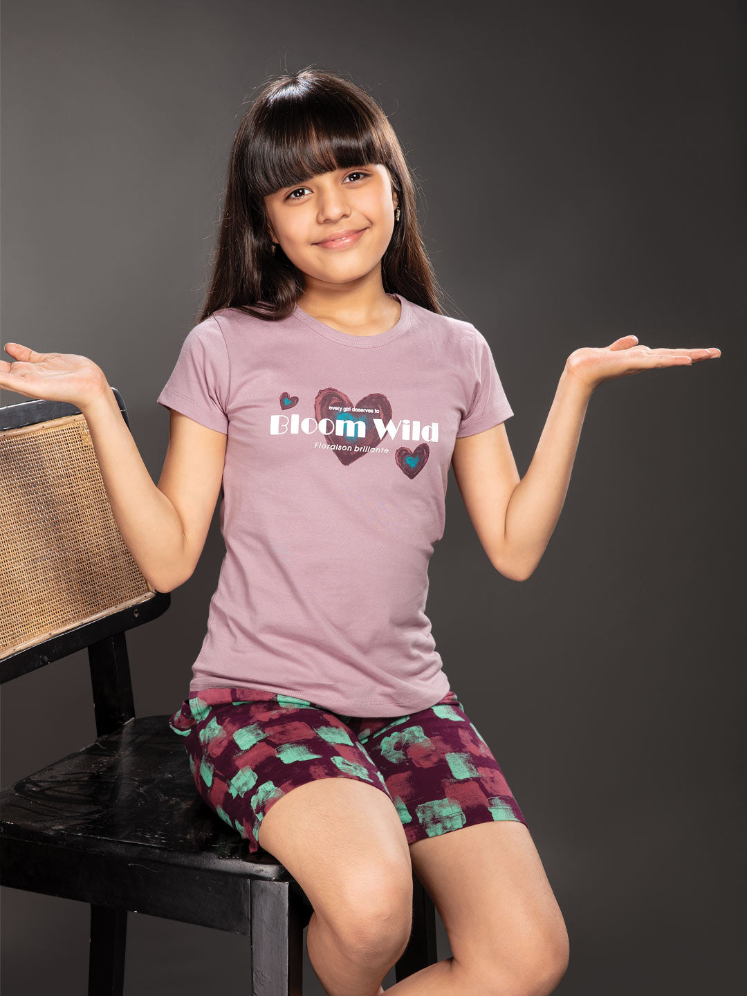 ananya girls shorts set with printed half sleeve round neck t-shirt color london hue