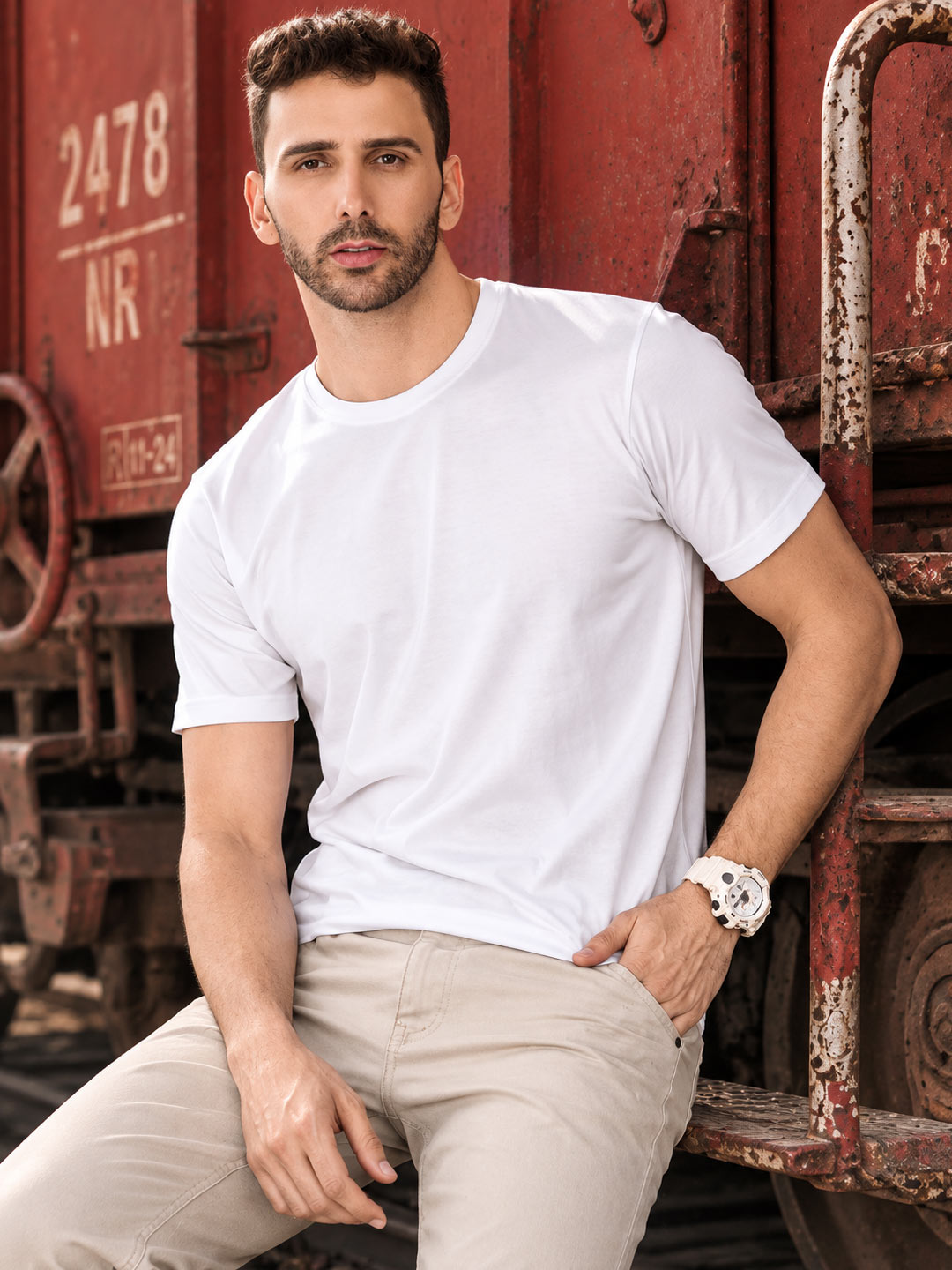A man wearing a white crew-neck t-shirt and beige trousers, leaning against a weathered red train car. basic round neck half sleeve t-shirt for men #color_white