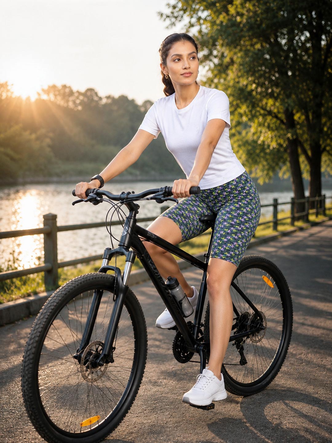 A woman riding a black mountain bike on a paved path next to a lake at sunset. She is wearing a white t-shirt, patterned blue and green athletic shorts, and white sneakers.