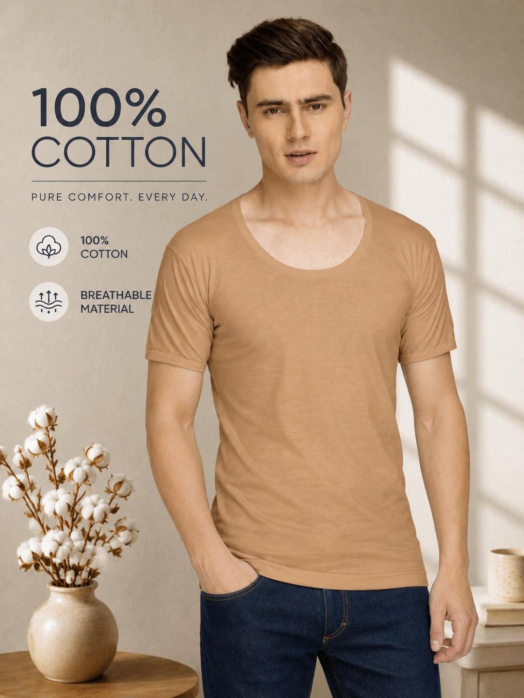 A man wearing a tan 100% cotton scoop neck t-shirt and dark blue jeans, standing in a warm, sunlit room with decorative cotton plants in a vase. Text overlays on the left highlight the product's cotton quality. calyx vest roundneck sleeve for men light brown-essa garments#color_harvest-gold