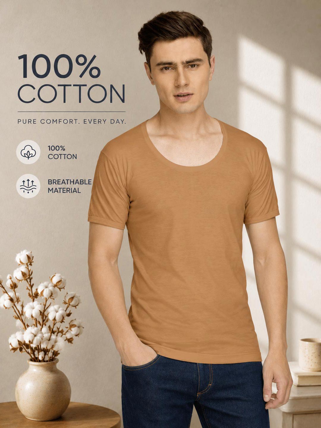 A man wearing a tan 100% cotton scoop neck t-shirt and dark blue jeans, standing in a warm, sunlit room with decorative cotton plants in a vase. Text overlays on the left highlight the product's cotton quality. calyx vest roundneck sleeve for men light brown-essa garments#color_harvest-gold