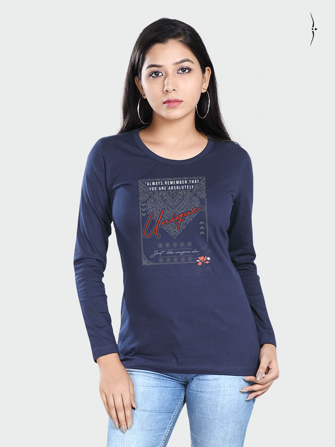 Women's Navy Blue Round Neck with Tulip Sleeve T-Shirt