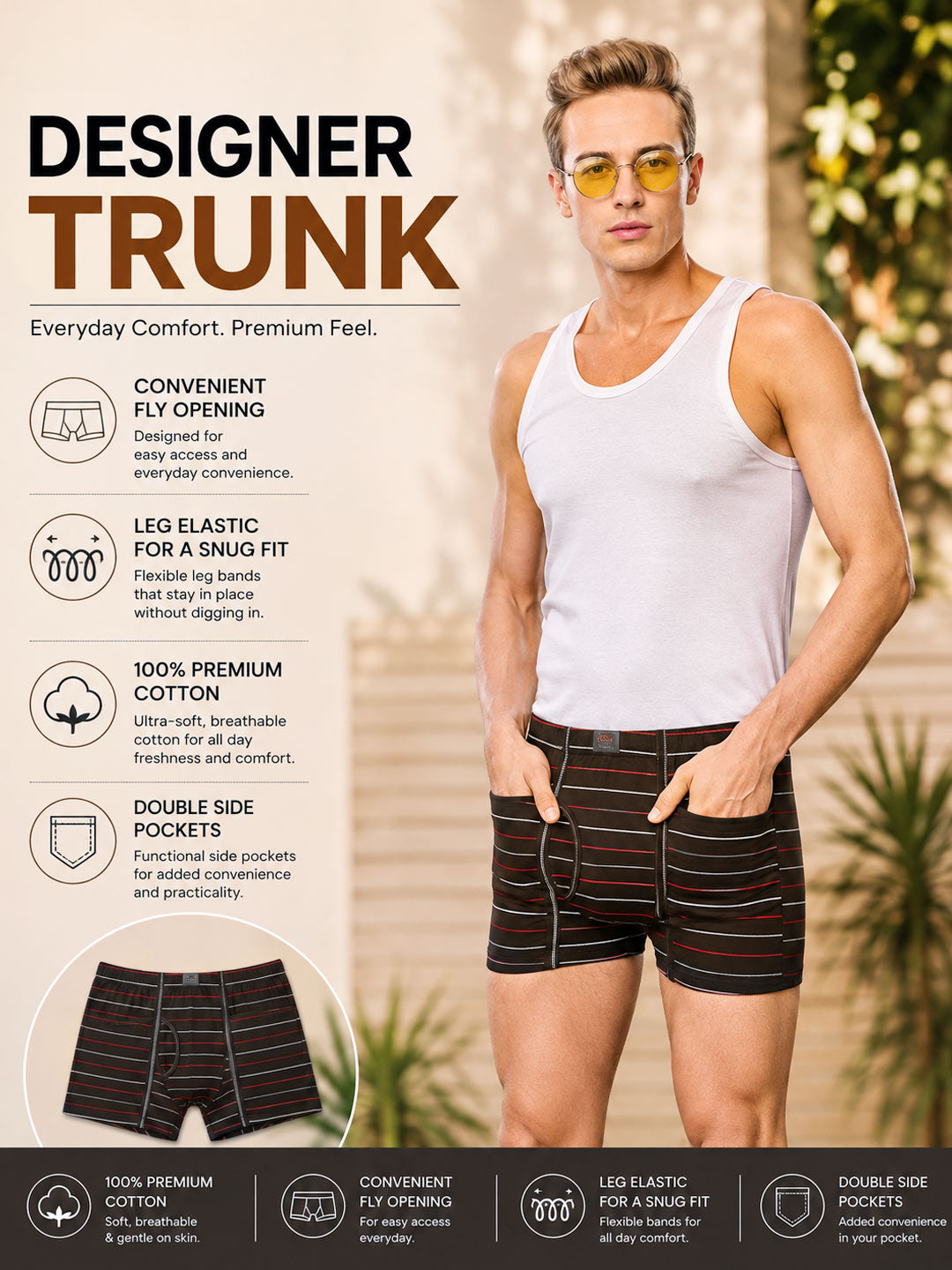 A man wearing a white tank top and striped athletic shorts with text callouts on the left describing features like leg elastic, double side pockets, and premium cotton. The background is an outdoor patio setting.#color_bistre