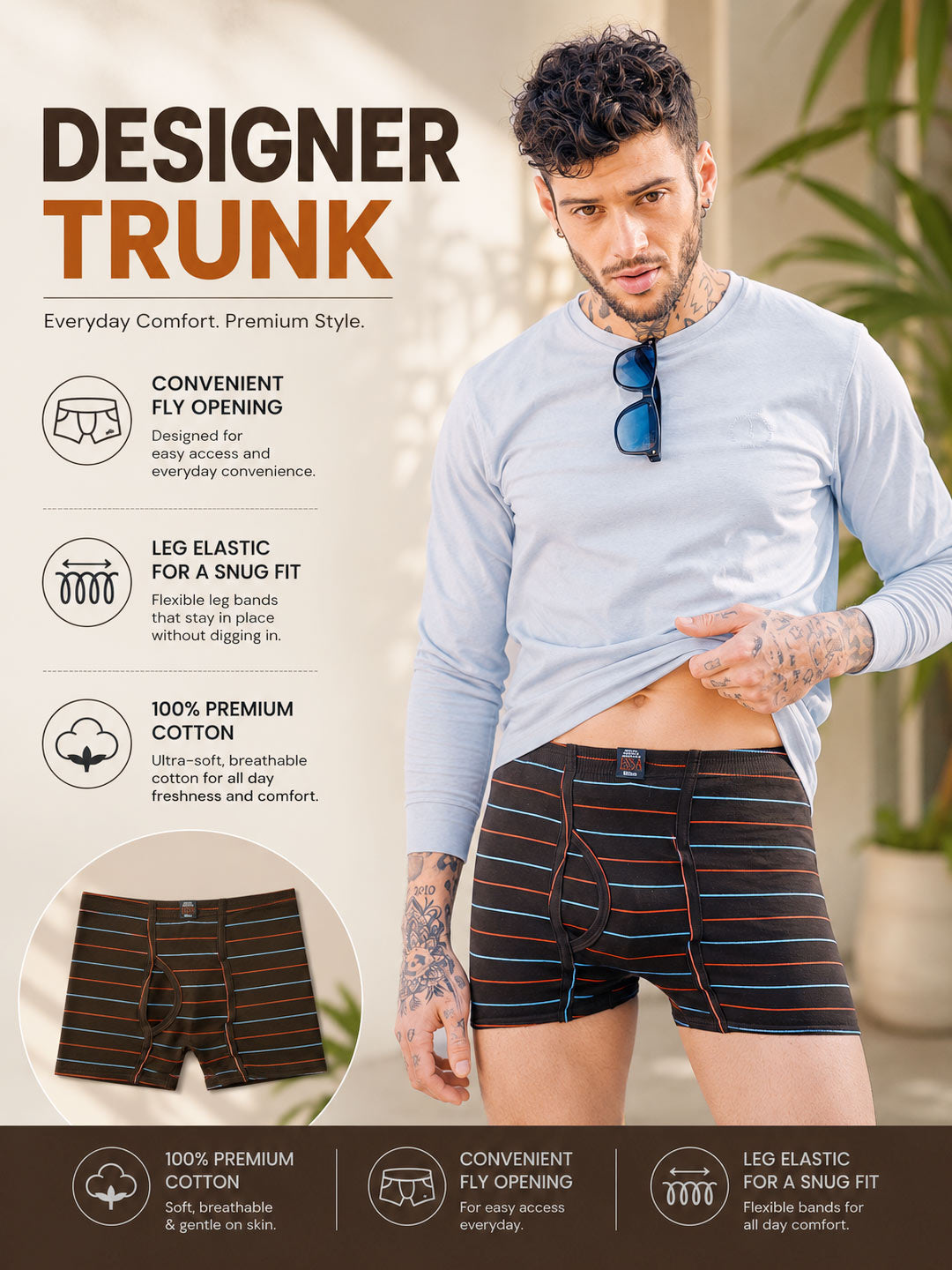 A man modeling designer trunk boxer briefs with a light blue long-sleeve shirt, set against a warm beige background with product feature callouts and text overlays. #color_irish-coffee
