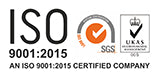 ISO 9001:2015 certification logo with UKAS accreditation on a white background