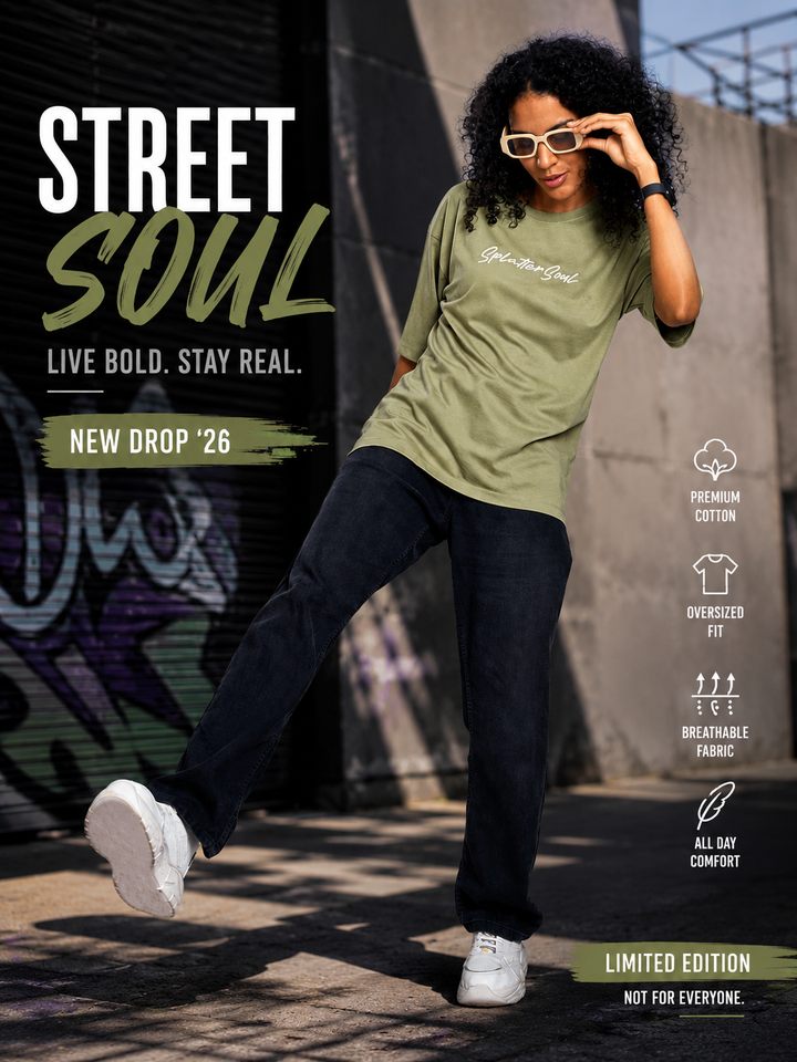 A woman posing in an urban setting wearing a sage green graphic t-shirt, dark jeans, and white sneakers. The image features promotional text overlays for a streetwear collection called 'Street Soul'.