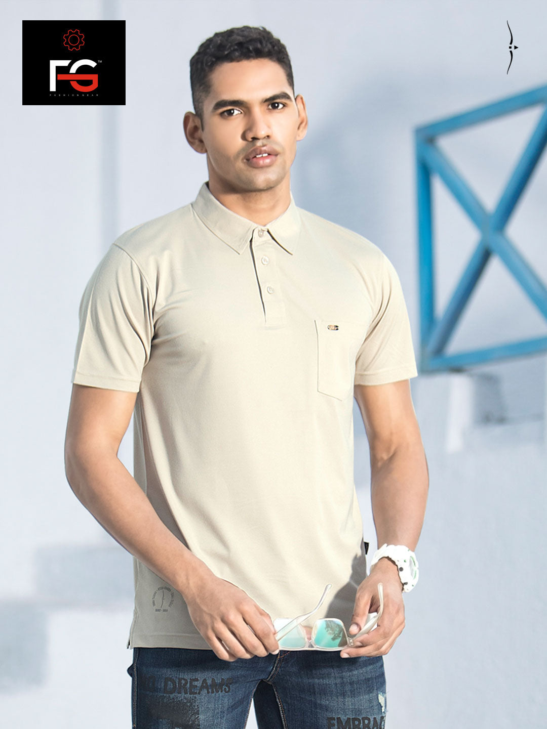 f.g-1225 collar half sleeve half white polo tshirt for men#color_beige