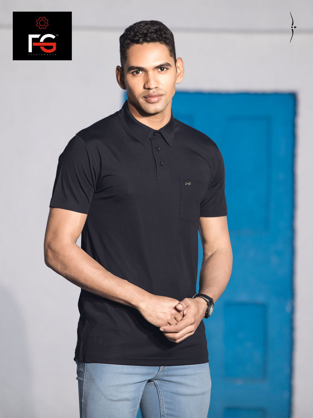 f.g-1225 collar half sleeve black polo tshirt for men#color_black