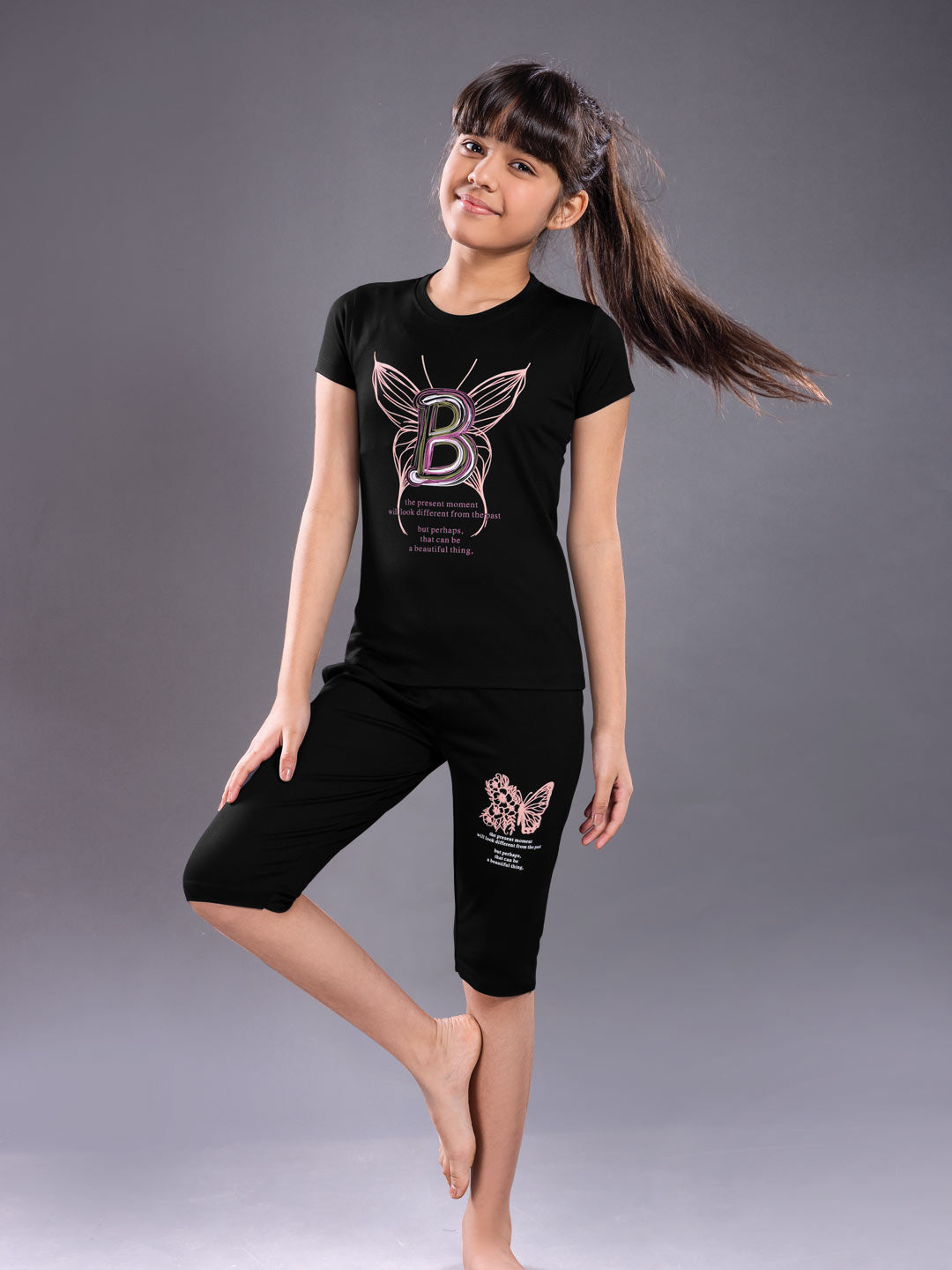 fg g-3767 girls printed 3/4th set color black